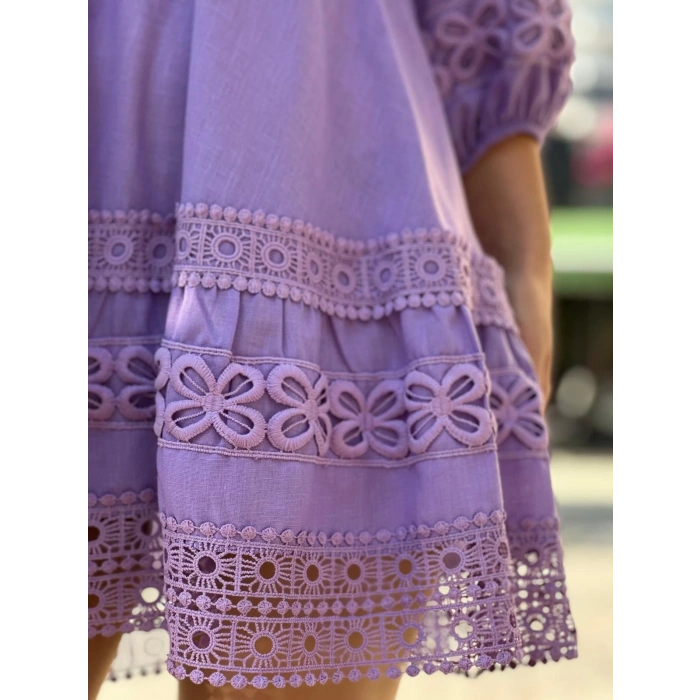 İŞLEMELİ BALON KOL ELBİSE