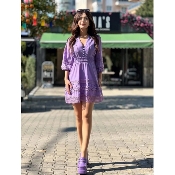 İŞLEMELİ BALON KOL ELBİSE