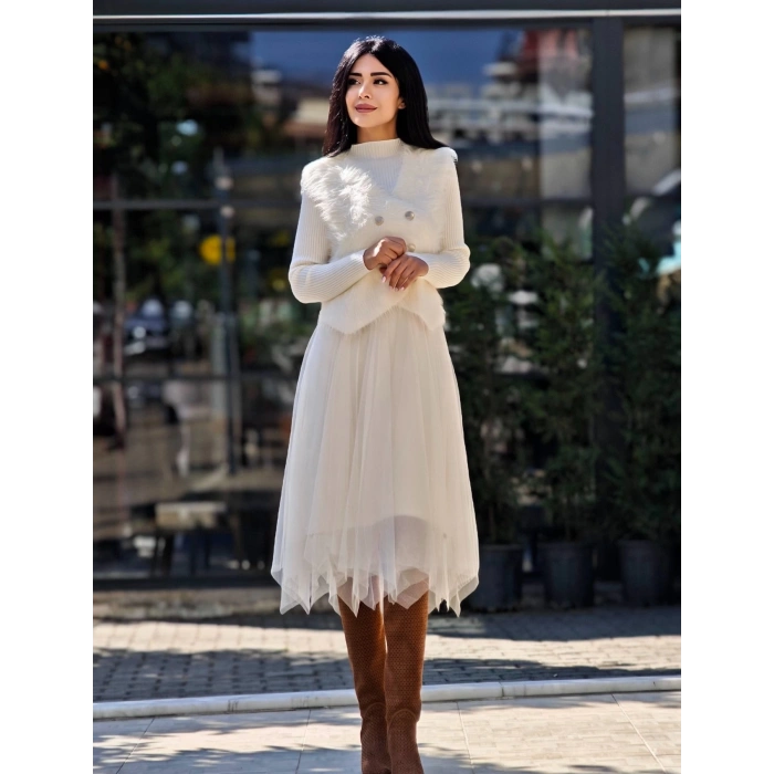 İTHAL EKRU TÜL VE TRİKO DETAY KÜTK YELEKLİ ELBİSE