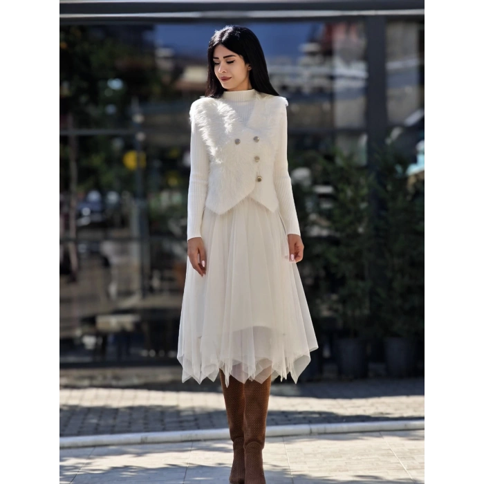 İTHAL EKRU TÜL VE TRİKO DETAY KÜTK YELEKLİ ELBİSE