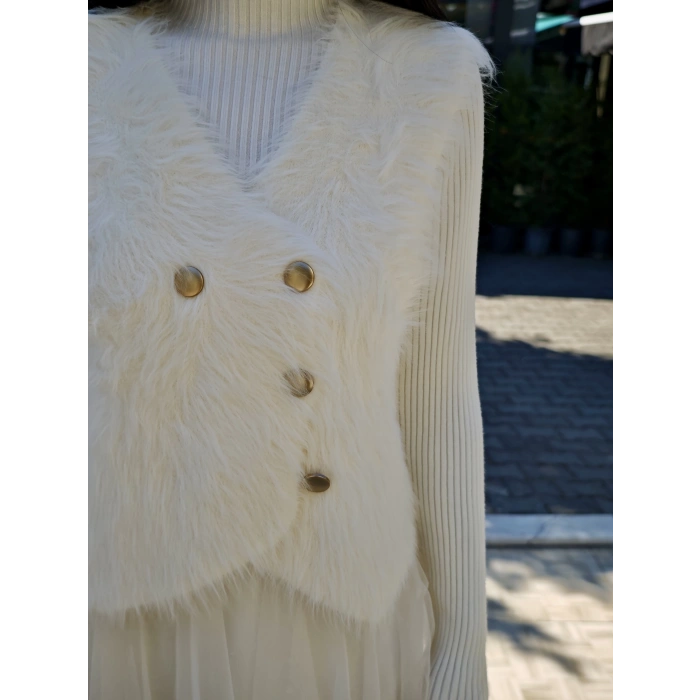 İTHAL EKRU TÜL VE TRİKO DETAY KÜTK YELEKLİ ELBİSE