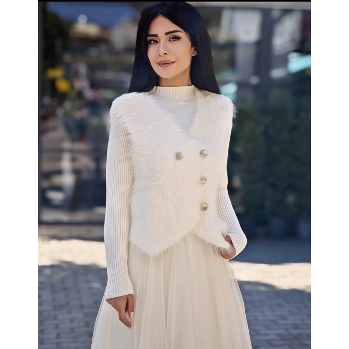 İTHAL EKRU TÜL VE TRİKO DETAY KÜTK YELEKLİ ELBİSE