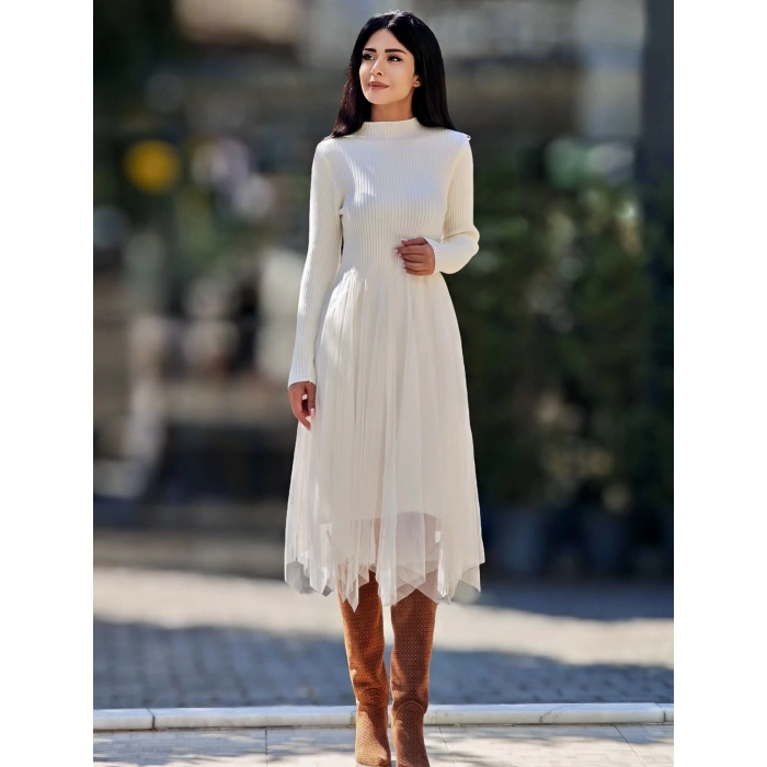 İTHAL EKRU TÜL VE TRİKO DETAY KÜTK YELEKLİ ELBİSE