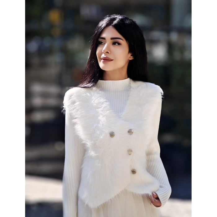 İTHAL EKRU TÜL VE TRİKO DETAY KÜTK YELEKLİ ELBİSE