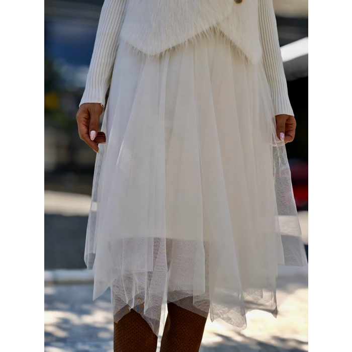 İTHAL EKRU TÜL VE TRİKO DETAY KÜTK YELEKLİ ELBİSE