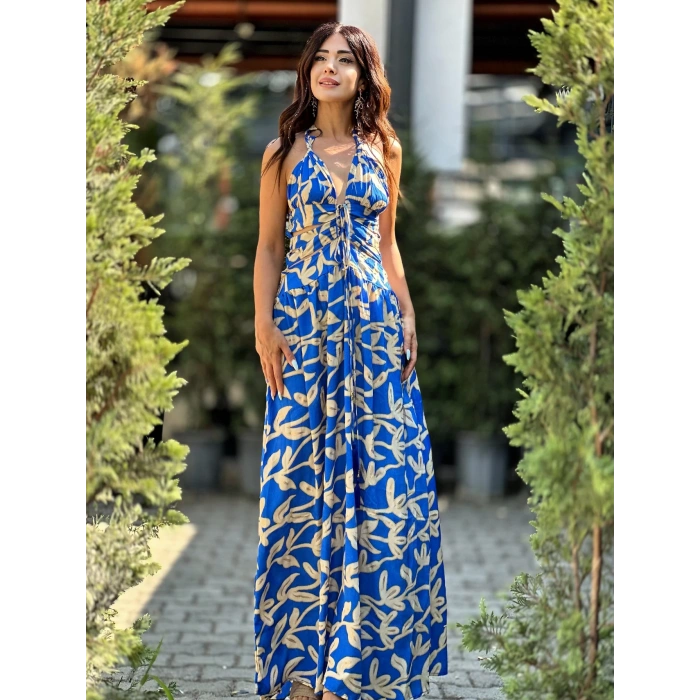 İTHAL İPEK ELBİSE MAVİ DESEN
