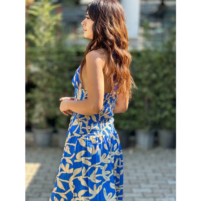 İTHAL İPEK ELBİSE MAVİ DESEN