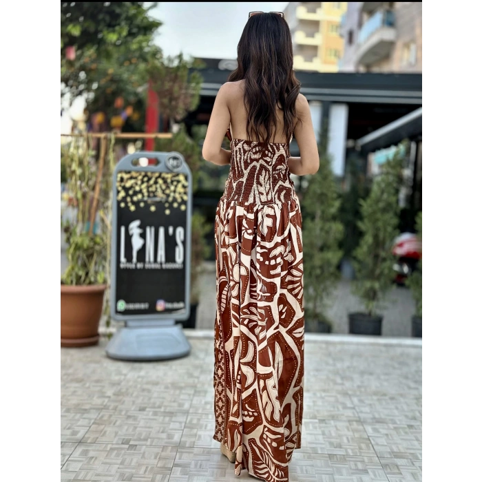 İTHAL KAHVE DESEN BEL DEKOLTELİ ELBİSE