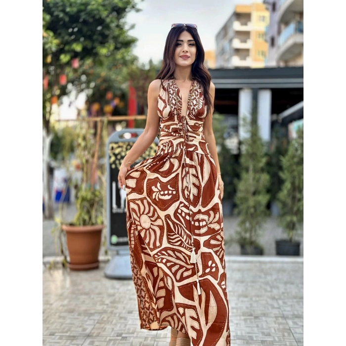İTHAL KAHVE DESEN BEL DEKOLTELİ ELBİSE