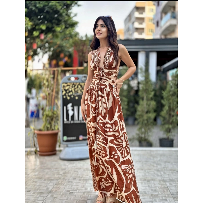 İTHAL KAHVE DESEN BEL DEKOLTELİ ELBİSE