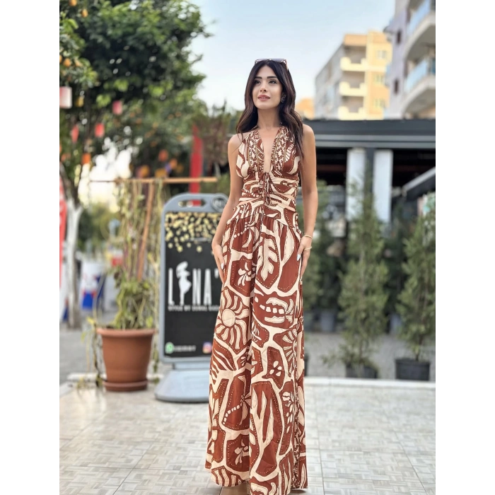 İTHAL KAHVE DESEN BEL DEKOLTELİ ELBİSE