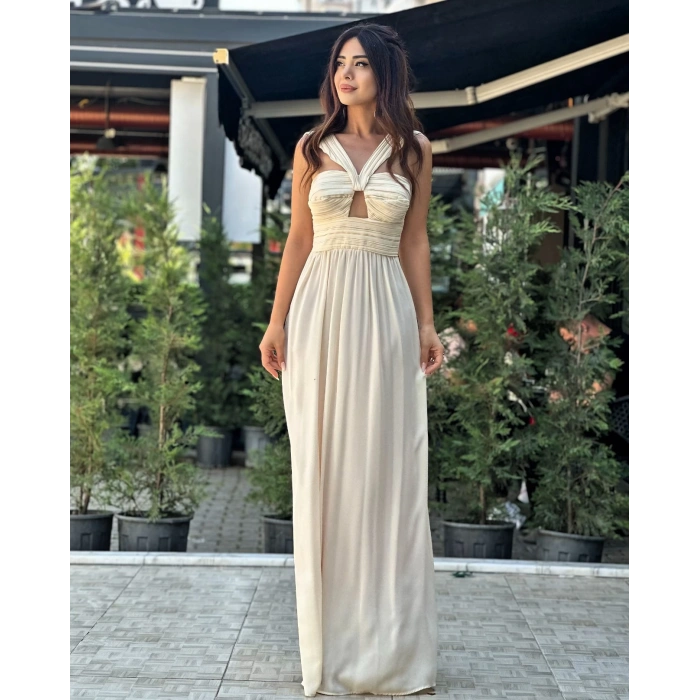 İTHAL KUMAŞ KREM ELBİSE