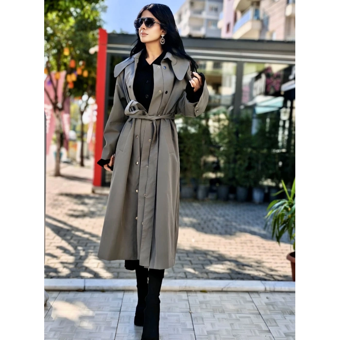 İTHAL KUMAŞ SIRTI BAĞLAMA DETAY TRENCH GRİ