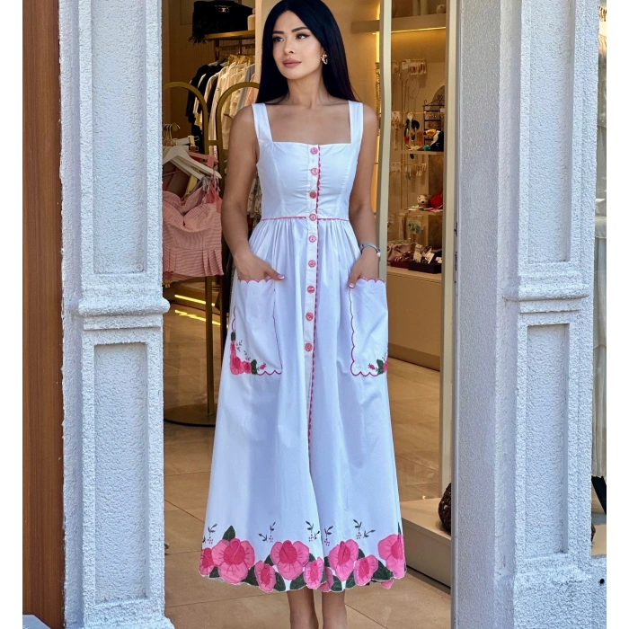İTHAL PEMBE ÇİÇEK NAKIŞLI ELBİSE