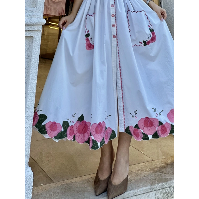 İTHAL PEMBE ÇİÇEK NAKIŞLI ELBİSE