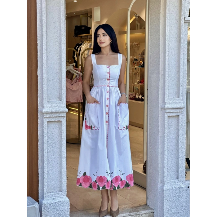 İTHAL PEMBE ÇİÇEK NAKIŞLI ELBİSE