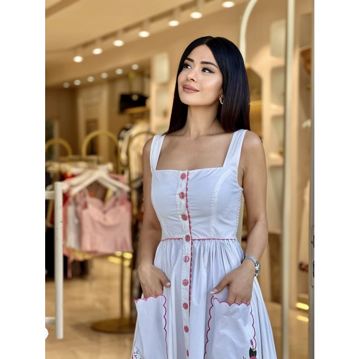 İTHAL PEMBE ÇİÇEK NAKIŞLI ELBİSE