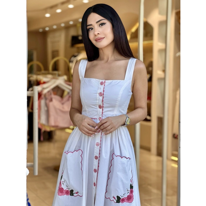 İTHAL PEMBE ÇİÇEK NAKIŞLI ELBİSE