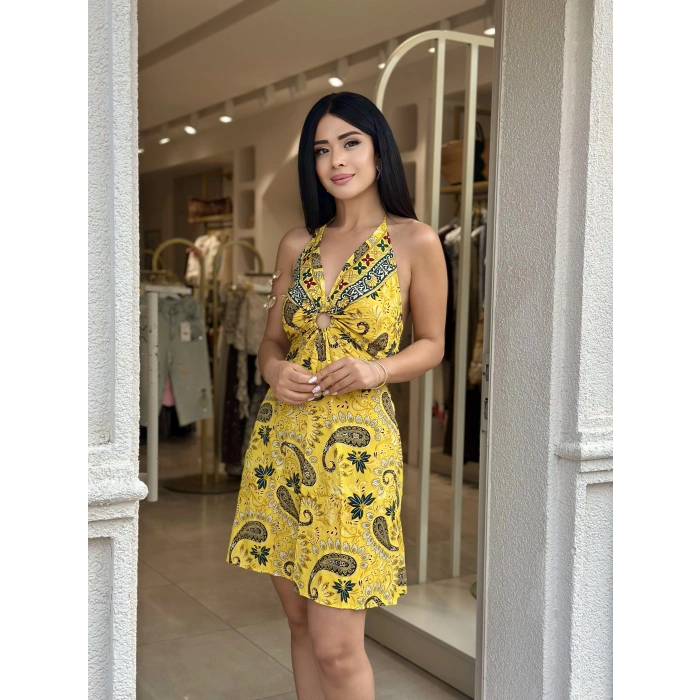 İTHAL SARI DEKOLTELİ KISA İPEK ELBİSE
