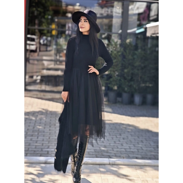 İTHAL TRİKO TÜL DETAY SİYAH ELBİSE