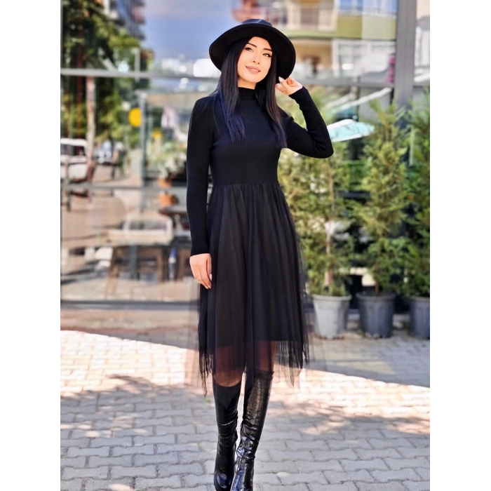 İTHAL TRİKO TÜL DETAY SİYAH ELBİSE