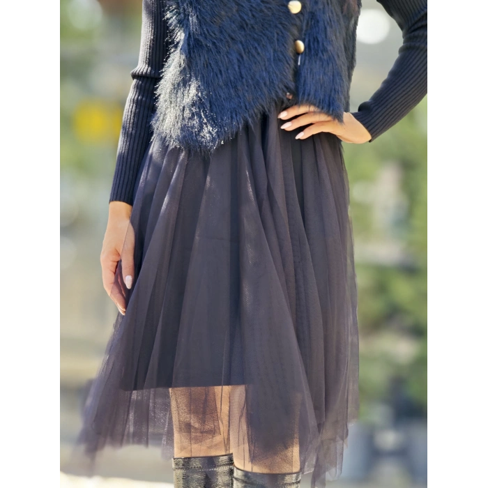 İTHAL TRİKO TÜL DETAY SİYAH ELBİSE