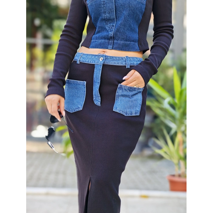 JEAN CEP DETAYLI YIRTMAÇLI SİYAH ETEK