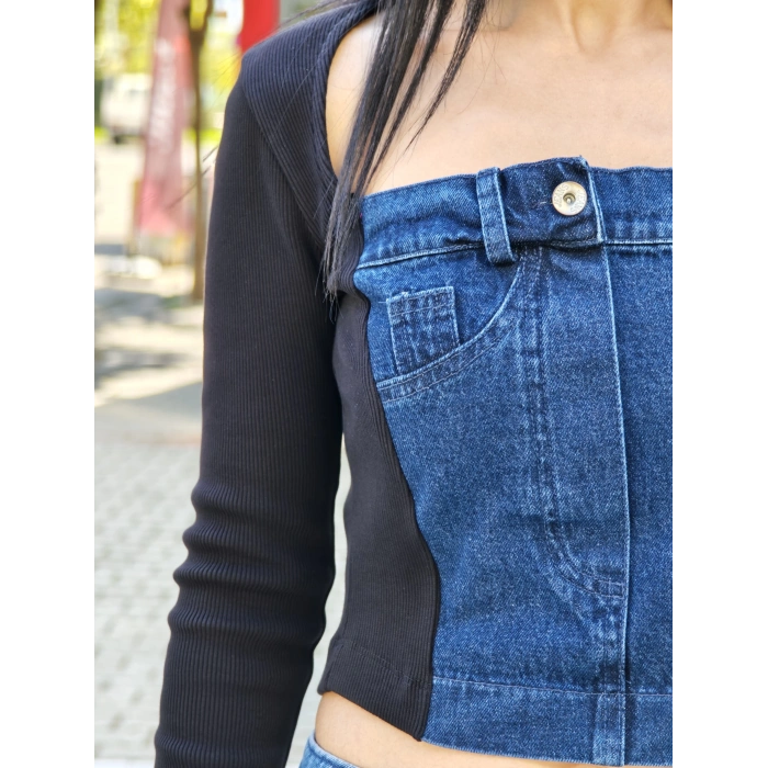 JEAN DETAYLI TASARIM BLUZ SİYAH