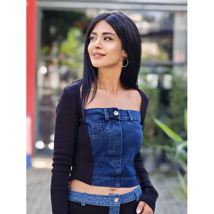 JEAN DETAYLI TASARIM BLUZ SİYAH