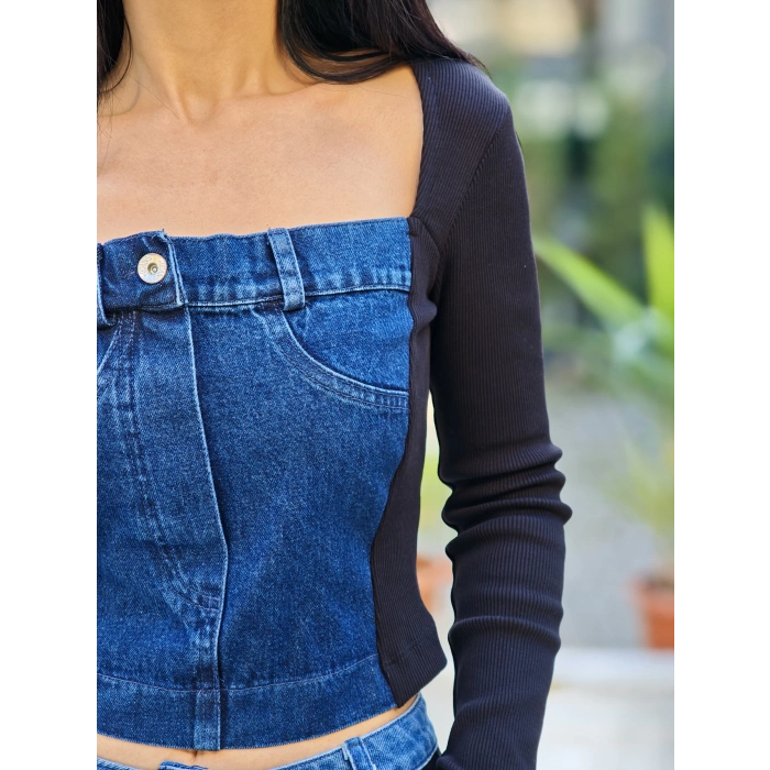 JEAN DETAYLI TASARIM BLUZ SİYAH
