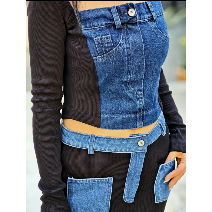 JEAN DETAYLI TASARIM BLUZ SİYAH