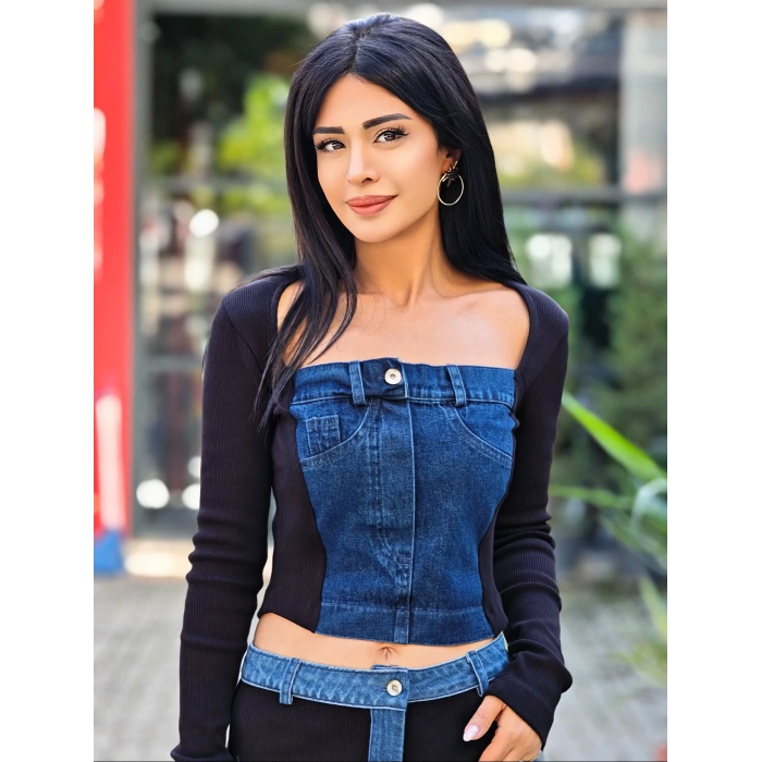 JEAN DETAYLI TASARIM BLUZ SİYAH