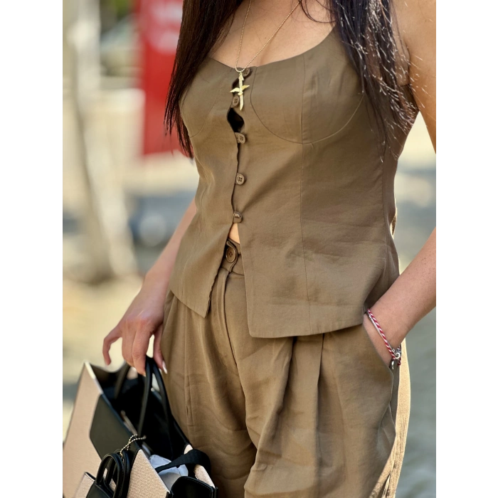 KAHVE DÜĞME DETAY BUSTİYER BLUZ