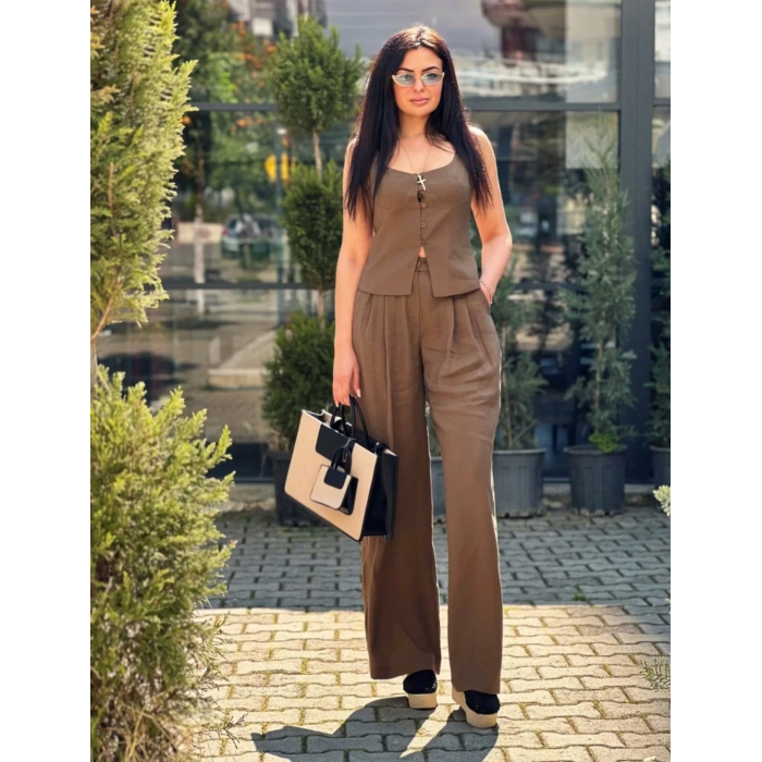 KAHVE DÜĞME DETAY BUSTİYER BLUZ