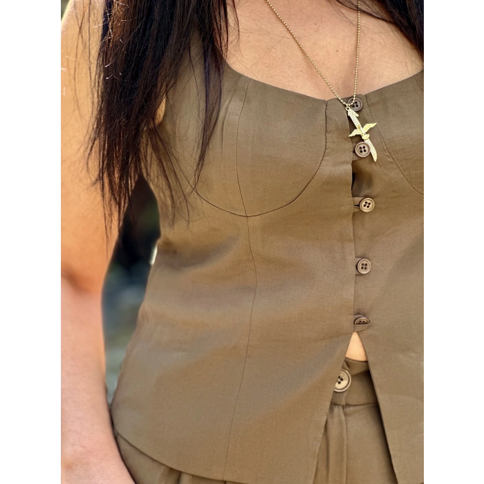 KAHVE DÜĞME DETAY BUSTİYER BLUZ