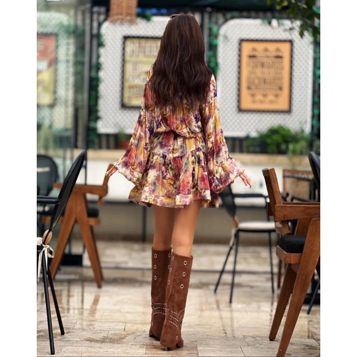 KAHVE ETEKLERİ VOLAN ELBİSE