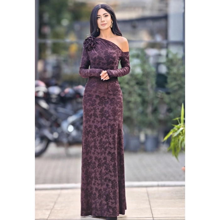 KAHVE GÜL BROŞ DETAYLI TÜL ELBİSE