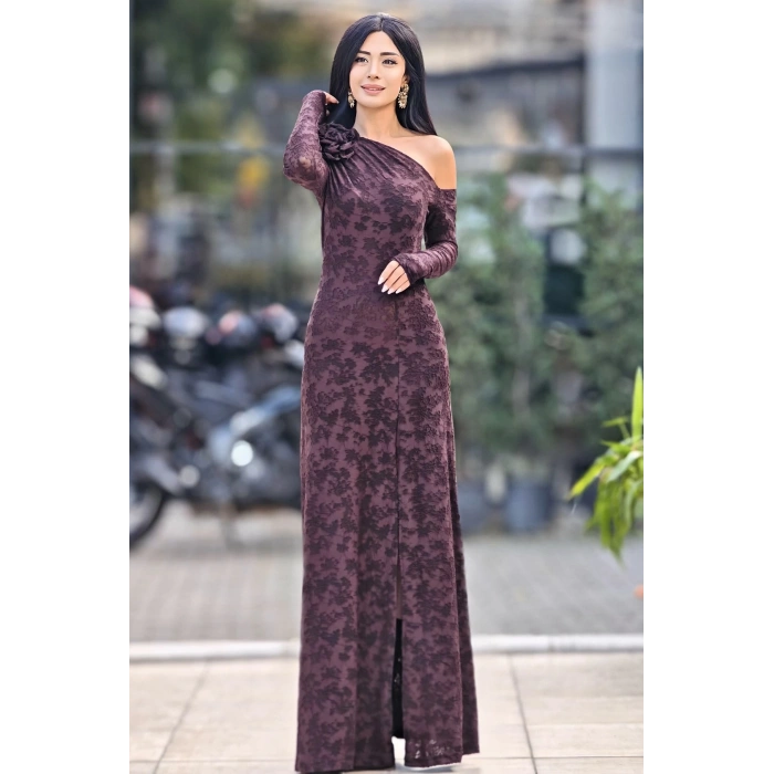 KAHVE GÜL BROŞ DETAYLI TÜL ELBİSE