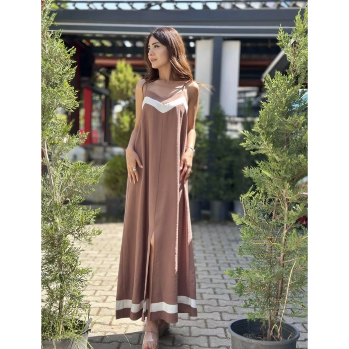 KAHVE MODAL KUMAŞ ELBİSE