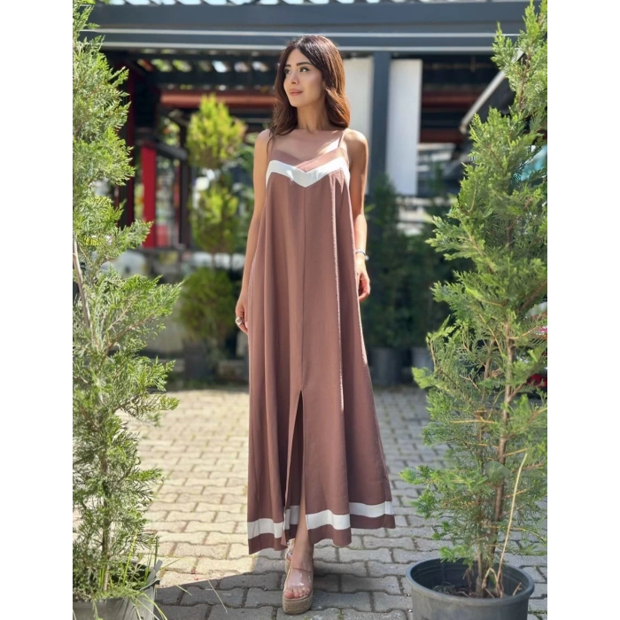 KAHVE MODAL KUMAŞ ELBİSE