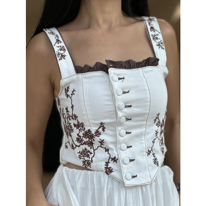 KAHVE NAKIŞLI BEYAZ BÜSTİYER CHN