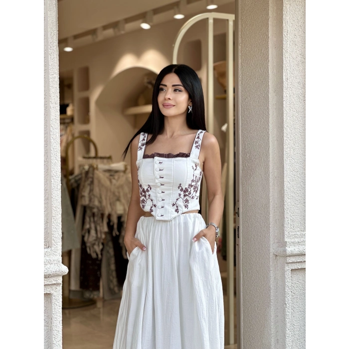 KAHVE NAKIŞLI BEYAZ BÜSTİYER CHN