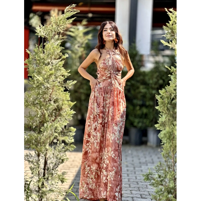 KAHVE SOMON DESENLİ İTHAL ELBİSE