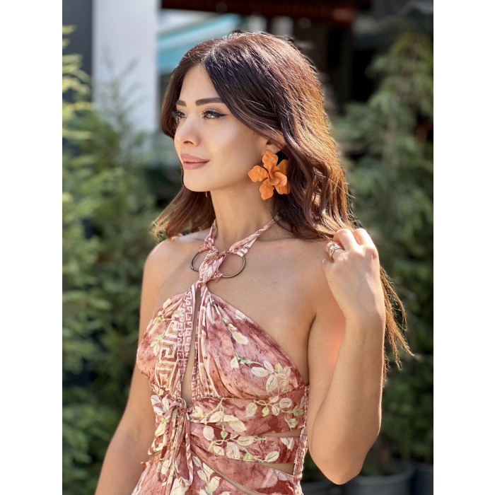 KAHVE SOMON DESENLİ İTHAL ELBİSE