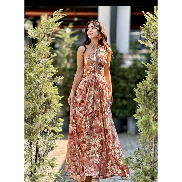 KAHVE SOMON DESENLİ İTHAL ELBİSE