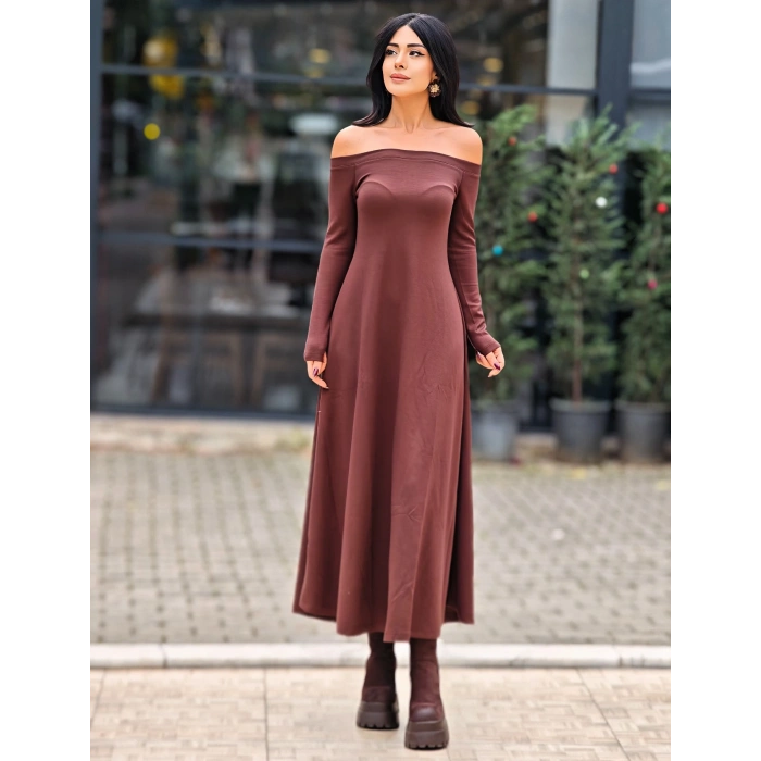 KAHVERENGİ KAYIK YAKA MODAL ELBİSE