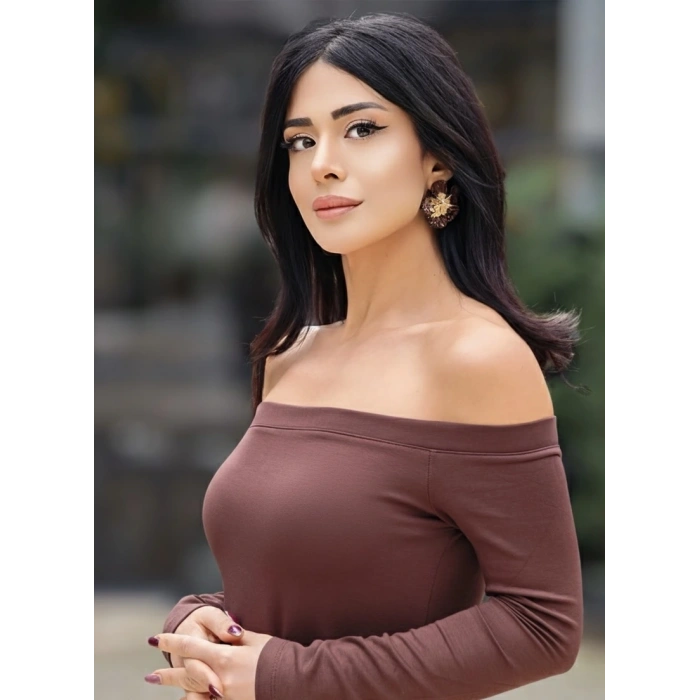 KAHVERENGİ KAYIK YAKA MODAL ELBİSE