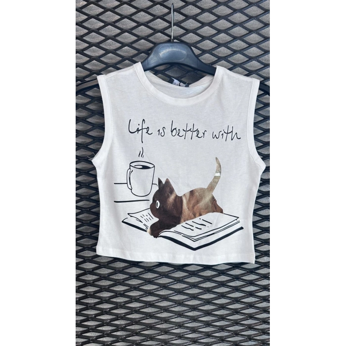 KEDİ BASKILI BEYAZ CROP