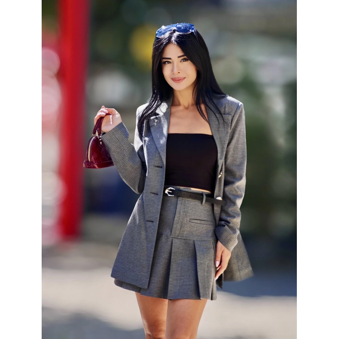 KEMERLİ GRİ DESENLİ PİLELİ ETEK