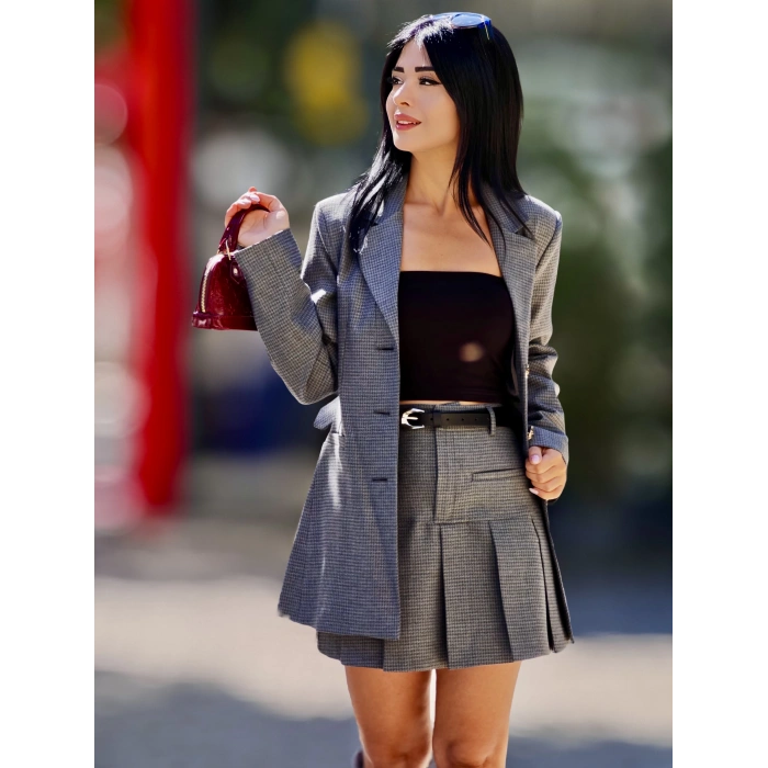 KEMERLİ GRİ DESENLİ PİLELİ ETEK